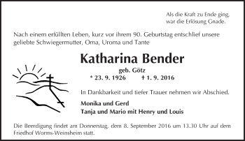 Traueranzeige von Katharina Bender von Trauerportal Rhein Main Presse
