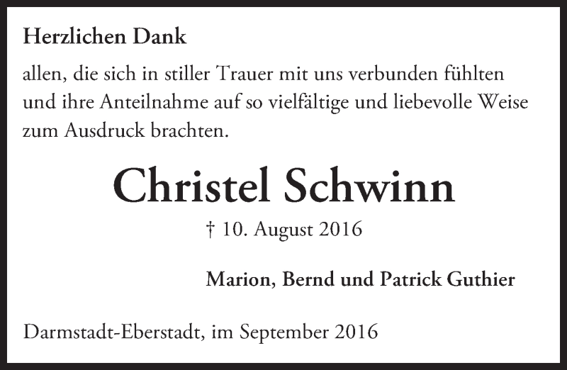  Traueranzeige für Christel Schwinn vom 03.09.2016 aus Trauerportal Echo Online