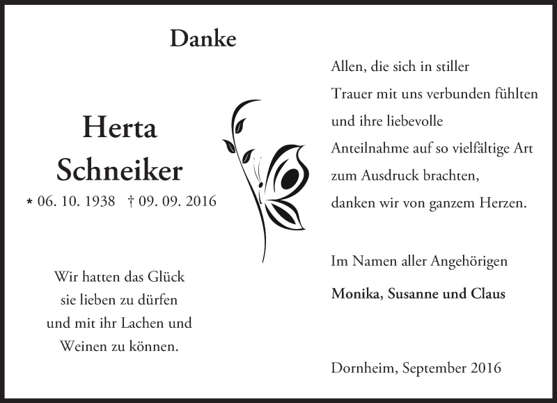  Traueranzeige für Herta Schneiker vom 01.10.2016 aus Trauerportal Echo Online