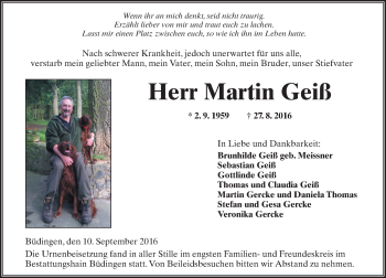Traueranzeige von Martin Geiß von  Kreisanzeiger