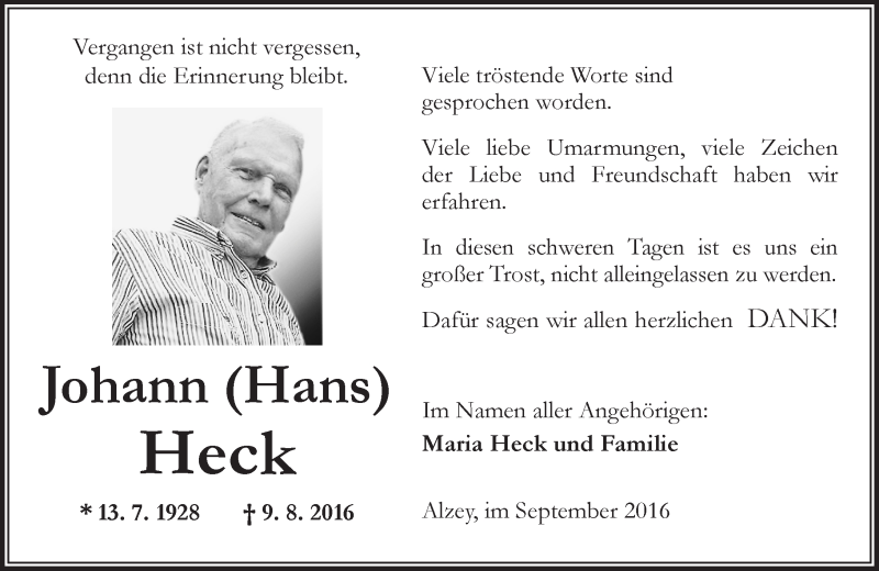 Traueranzeige für Johann  Heck vom 17.09.2016 aus Trauerportal Rhein Main Presse