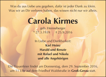 Traueranzeige von Carola Kirmes von Trauerportal Echo Online