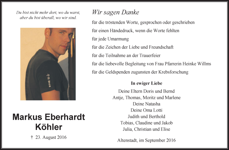  Traueranzeige für Markus Eberhardt Köhler vom 10.09.2016 aus  Kreisanzeiger