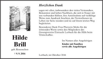 Traueranzeige von Hilde Brill von  Kreisanzeiger