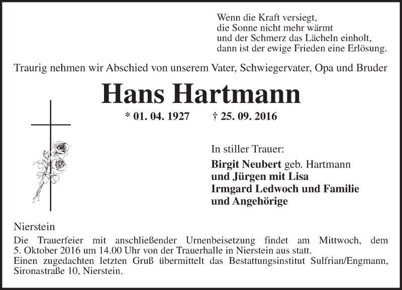 Traueranzeige für Hans Hartmann vom 01.10.2016 aus Trauerportal Rhein Main Presse