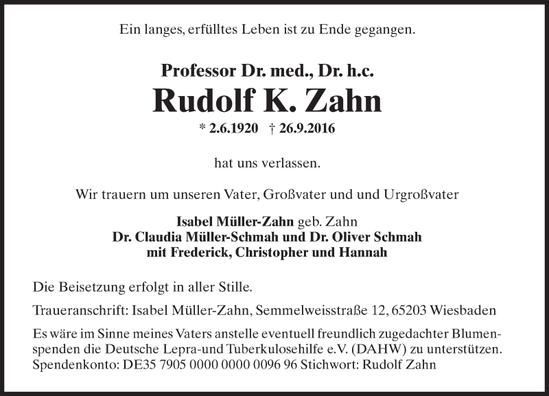  Traueranzeige für Rudolf K. Zahn vom 01.10.2016 aus Trauerportal Rhein Main Presse