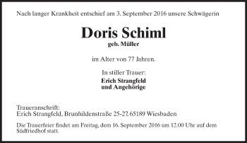 Traueranzeige von Doris Schiml von Trauerportal Rhein Main Presse