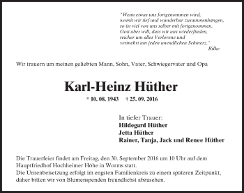 Traueranzeige von Karl-Heinz Hüther von Trauerportal Rhein Main Presse