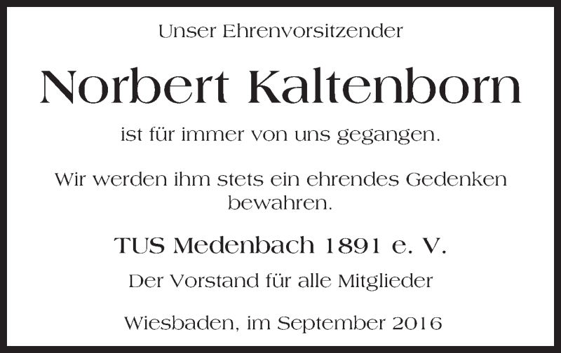  Traueranzeige für Norbert Kaltenborn vom 24.09.2016 aus Trauerportal Rhein Main Presse