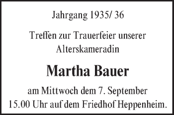 Traueranzeige von Martha Bauer von Trauerportal Echo Online