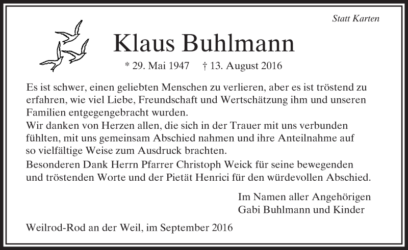  Traueranzeige für Klaus Buhlmann vom 10.09.2016 aus  Usinger Anzeiger