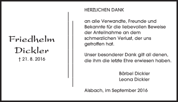 Traueranzeige von Friedhelm Dickler von Trauerportal Echo Online