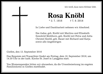Traueranzeige von Rosa Knöbl von  Gießener Anzeiger