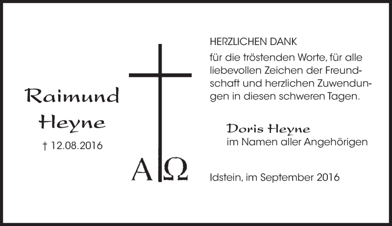  Traueranzeige für Raimund Heyne vom 03.09.2016 aus Trauerportal Rhein Main Presse