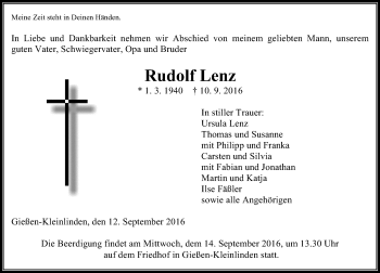 Traueranzeige von Rudolf Lenz von  Gießener Anzeiger
