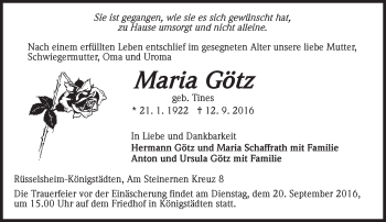 Traueranzeige von Maria Götz von Trauerportal Echo Online