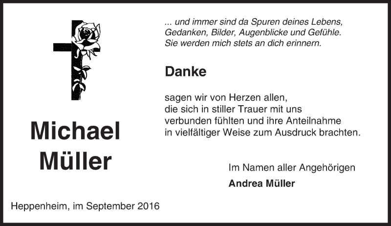  Traueranzeige für Michael Müller vom 07.09.2016 aus Trauerportal Echo Online
