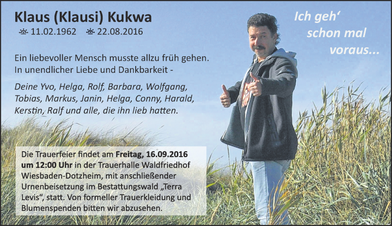  Traueranzeige für Klaus Kukwa vom 03.09.2016 aus Trauerportal Rhein Main Presse