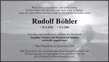 Traueranzeige von Rudolf Böhler von  Kreisanzeiger