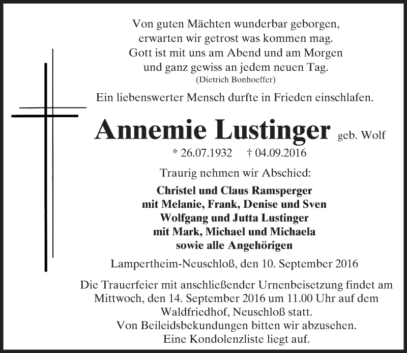  Traueranzeige für Annemie Lustinger vom 10.09.2016 aus Trauerportal Echo Online