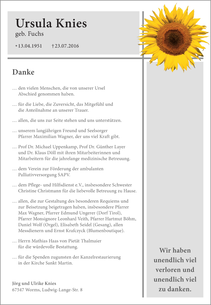  Traueranzeige für Ursula Knies vom 10.09.2016 aus Trauerportal Rhein Main Presse
