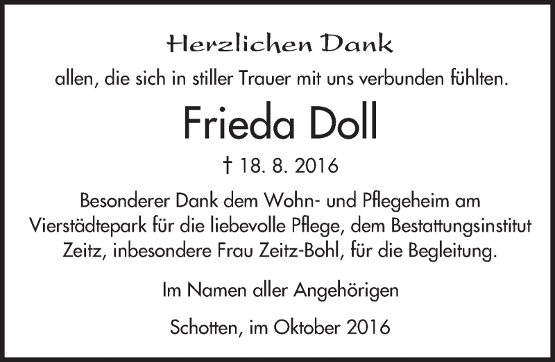  Traueranzeige für Frieda Doll vom 01.10.2016 aus  Kreisanzeiger