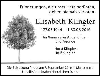 Traueranzeige von Elisabeth Klingler von Trauerportal Rhein Main Presse