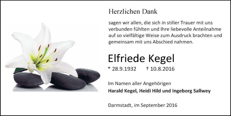  Traueranzeige für Elfriede Kegel vom 03.09.2016 aus Trauerportal Echo Online