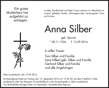 Traueranzeige von Anna Silber von Trauerportal Rhein Main Presse