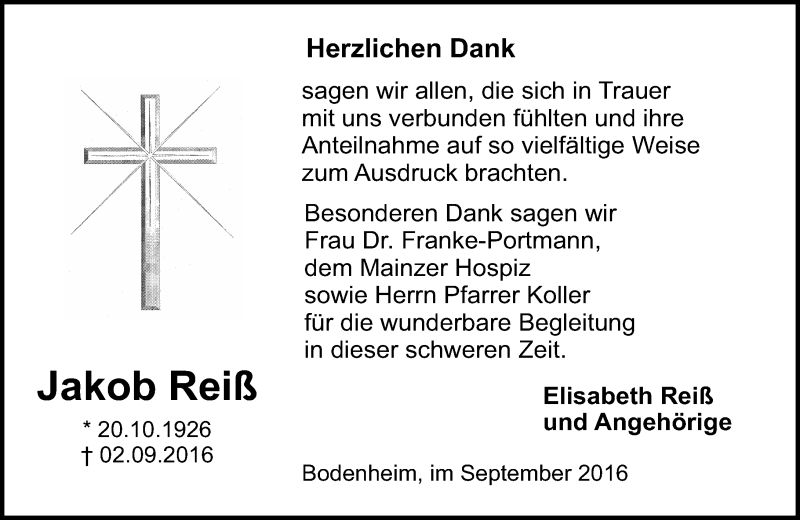  Traueranzeige für Jakob Reiß vom 24.09.2016 aus Trauerportal Rhein Main Presse