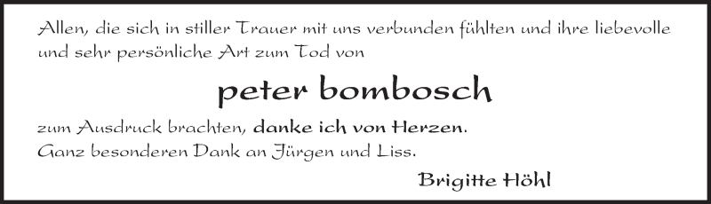  Traueranzeige für Peter Bombosch vom 01.10.2016 aus Trauerportal Echo Online