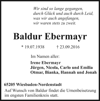 Traueranzeige von Baldur Ebermayr von Trauerportal Rhein Main Presse
