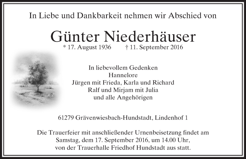  Traueranzeige für Günter Niederhäuser vom 14.09.2016 aus  Usinger Anzeiger
