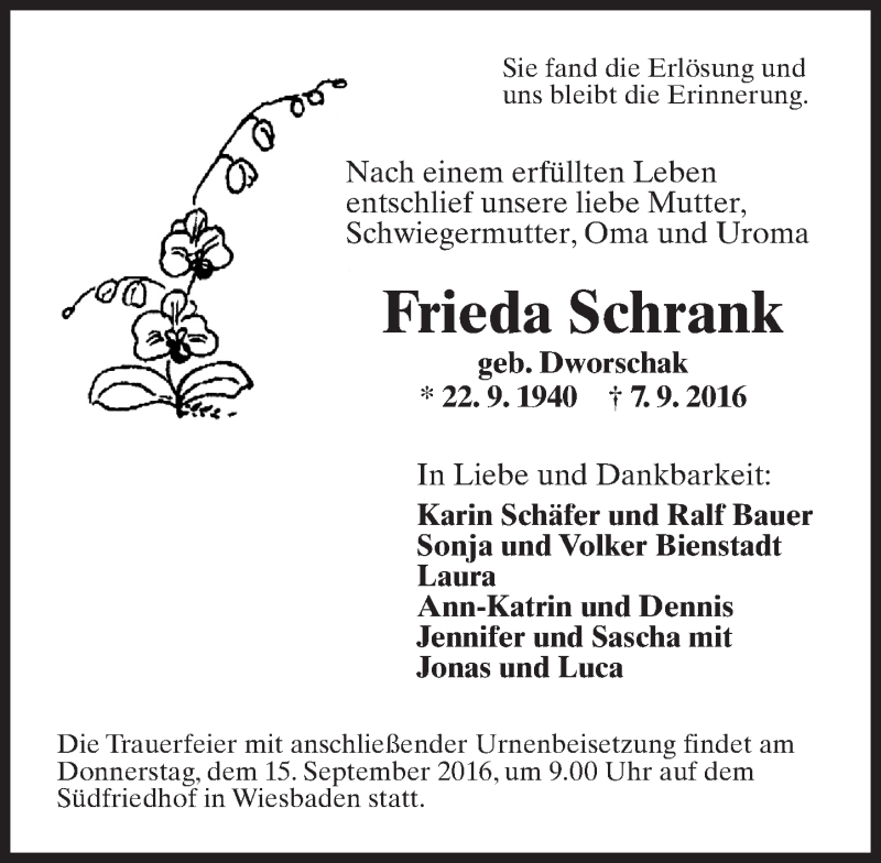 Traueranzeige für Frieda Schrank vom 10.09.2016 aus Trauerportal Rhein Main Presse