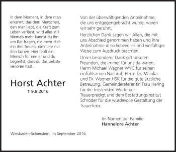 Traueranzeige von Horst Achter von Trauerportal Rhein Main Presse