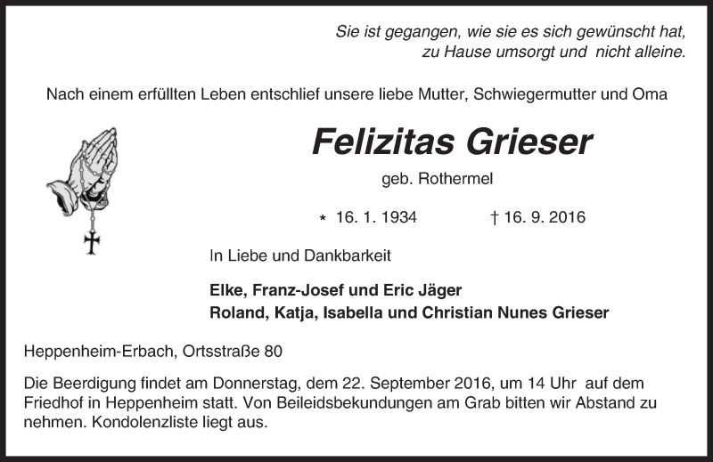  Traueranzeige für Felizitas Grieser vom 20.09.2016 aus Trauerportal Echo Online