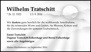 Traueranzeige von Wilhelm Tratschitt von Trauerportal Rhein Main Presse