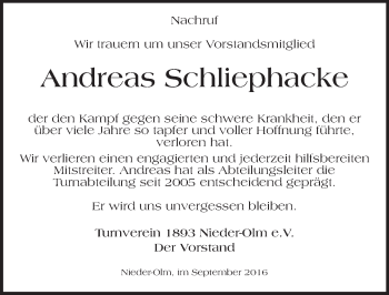 Traueranzeige von Andreas Schliephacke von Trauerportal Rhein Main Presse