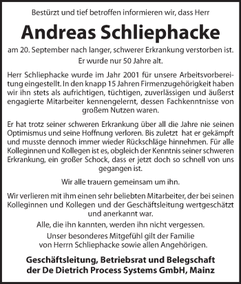 Traueranzeige von Andreas Schliephacke von Trauerportal Rhein Main Presse