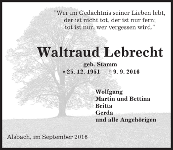 Traueranzeige von Waltraud Lebrecht von Trauerportal Echo Online