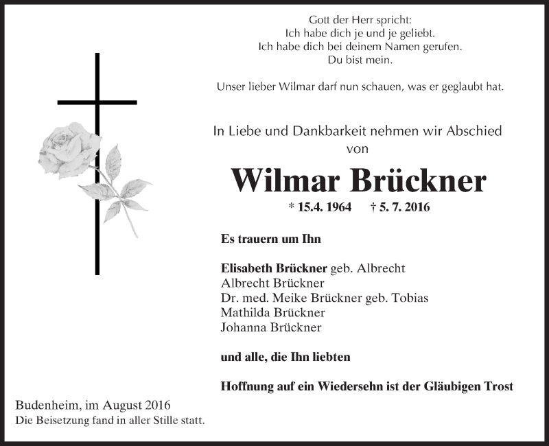  Traueranzeige für Wilmar Brückner vom 03.09.2016 aus Trauerportal Rhein Main Presse