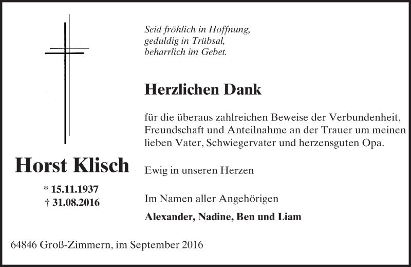  Traueranzeige für Horst Klisch vom 28.09.2016 aus Trauerportal Echo Online
