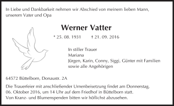 Traueranzeige von Werner Vatter von Trauerportal Echo Online