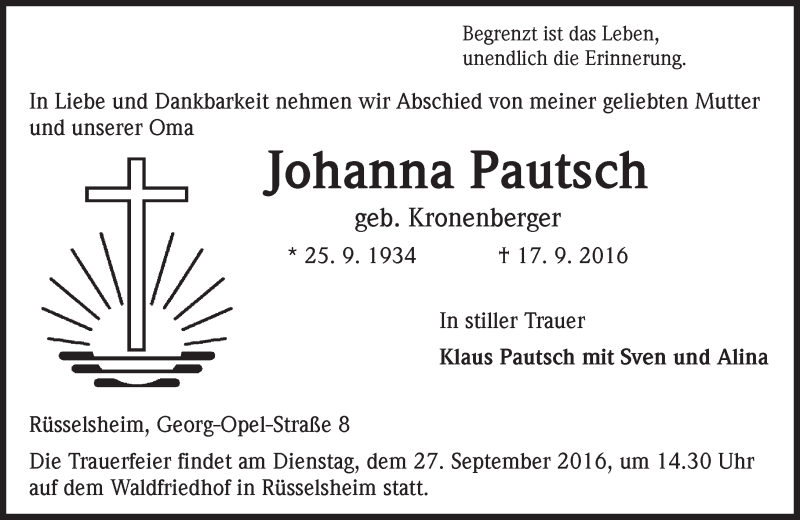  Traueranzeige für Johanna Pautsch vom 24.09.2016 aus Trauerportal Echo Online