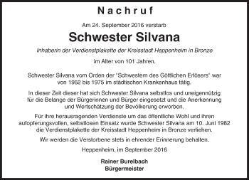 Traueranzeige von Schwester Silvana  von Trauerportal Echo Online