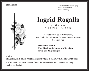Traueranzeige von Ingrid Rogalla von VRM Trauer