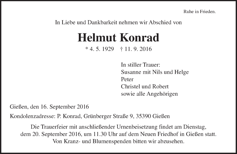  Traueranzeige für Helmut Konrad vom 16.09.2016 aus  Gießener Anzeiger