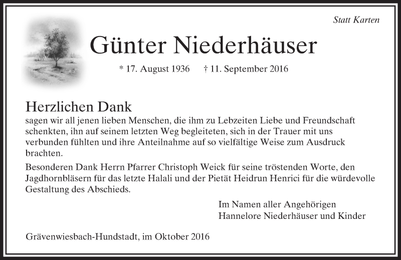  Traueranzeige für Günter Niederhäuser vom 01.10.2016 aus  Usinger Anzeiger