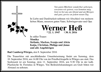 Traueranzeige von Werner Heß von  Camberger Anzeiger