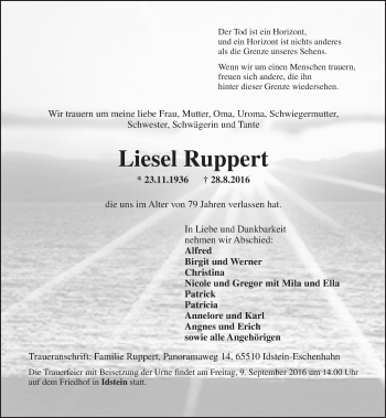 Traueranzeige von Liesel Ruppert von Trauerportal Rhein Main Presse